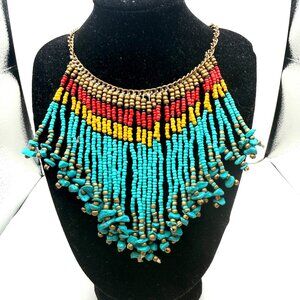 Boho Statement Fringe Necklace Turquoise Beaded Bib Southwestern Tribal Chunky N